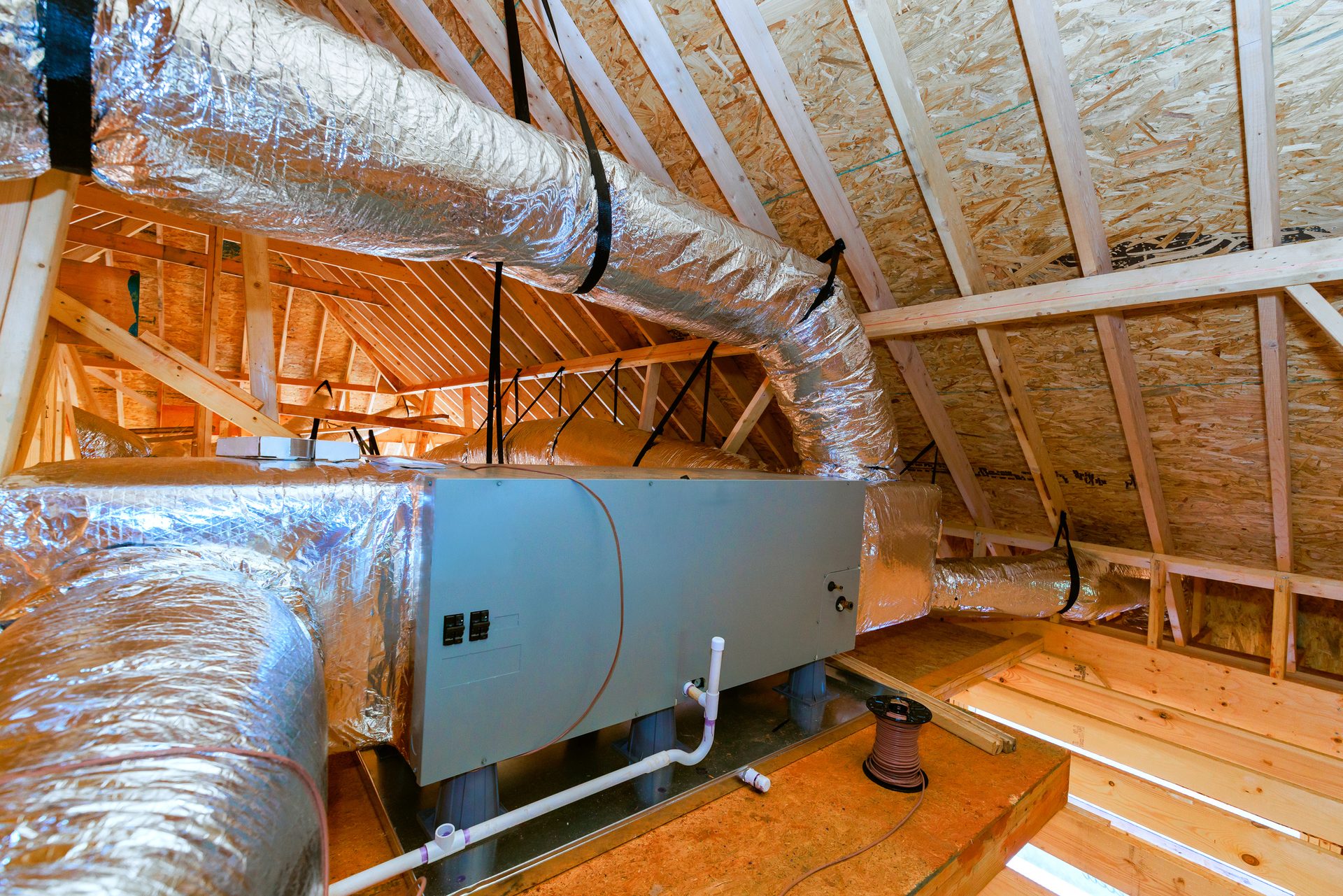 Attic air handler with insulated flex ductwork